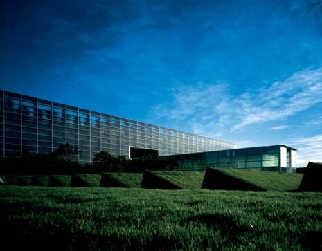 An array of skylights surrounded by grass lets light into the underground reading room