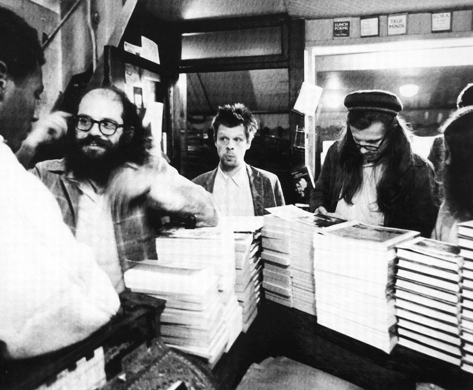 From right, Peter Orlovsky (withl hat) with his brother Julius, Allen Ginsberg and Ishmael Reed in San Francisco, December 2nd 1965, in Ferlinghetti's City Lights bookstore 