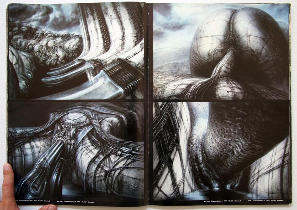 Giger. The “father” of biomorphic illustration and set design, most famously for Ridley Scott’s Alien, though also for various album covers and a series of art based on the Swatch watch. Obsessed with an eroticism tied to distortion. His images are as much about entropy and decay as they are about sex or futurism: the mortification of the flesh and the breakdown of the machine are equally important. From “Necronomicon 2”, 1985.