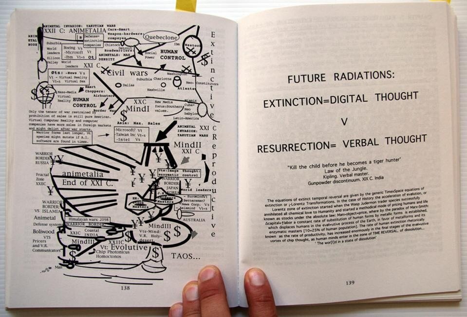 Example of an illustration that obscures rather than illuminates the text. This diagram from a self-published book called “Radiations: The Extinctions of Man,” which I found at a church sale. Musings on technology, art, and human existence, all in impenetrable language. As far as I could tell there was no author named anywhere in the book. Probably early 90s, judging from MacPaint patterns used elsewhere in the book.