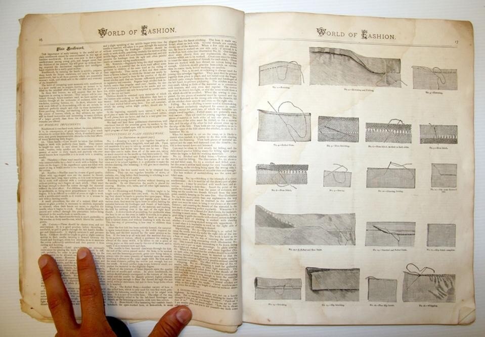 “World of Fashion”, February 1876. In general, the form of the fashion magazine as we know it is virtually unrecognizable here. First of all, illustrations of any kind were scarce. This was a point relatively early in the growth of the magazine as a popular form; photos were not yet used by this sort of publication, and presumably lithographs were expensive and time consuming. This page, one of the few full page illustrations in the magazine, shows the kind of thing women looked to a fashion magazine to provide: an array of stitches and hemlines, to be reproduced at home.