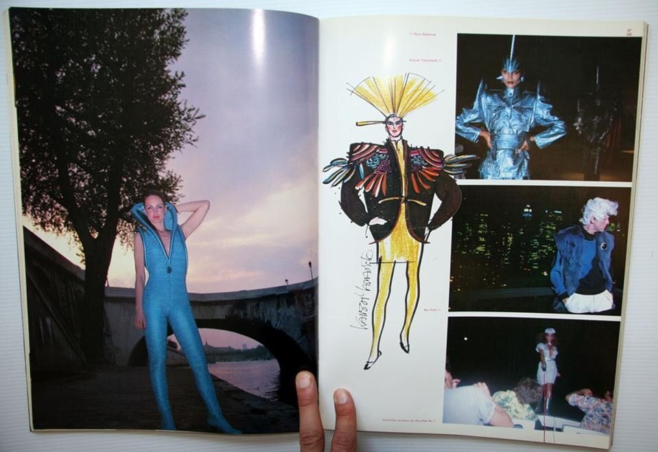 Nearly 30 years old, this book imagines fashion of the future. White pompadour wigs never did spread among men, although that guy looks pretty good. It is fashion illustration that has apparently not changed much: the amazingly tapered, spindly legs, legs purely as risers, display stands for the billboard of the torso. From “Fashion 2001,” by Lucille Khornak, 1982.