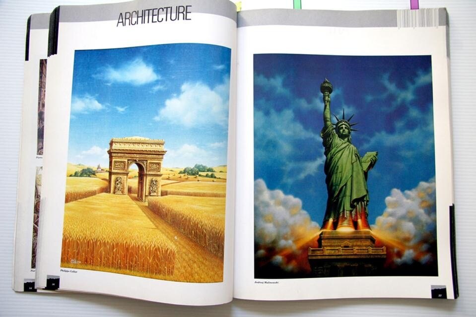 A commercial stock illustration book, “Art Stock,” from 1986. Most of the illustrations are quite small advertisements for what could be purchased in full size; for some reason the (French) publisher chose to highlight these two paintings. Often these kinds of stock illustrations are filled with symbolic meaning but kept purposely ambiguous so as to appeal to as broad a customer base as possible.