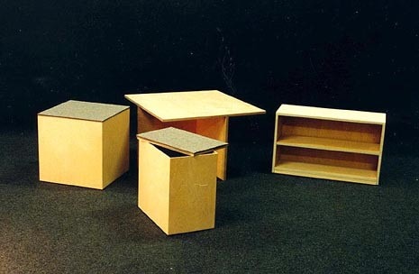 Raumzwei: open, "Social Cube” turns into a table with shelves and seating elements