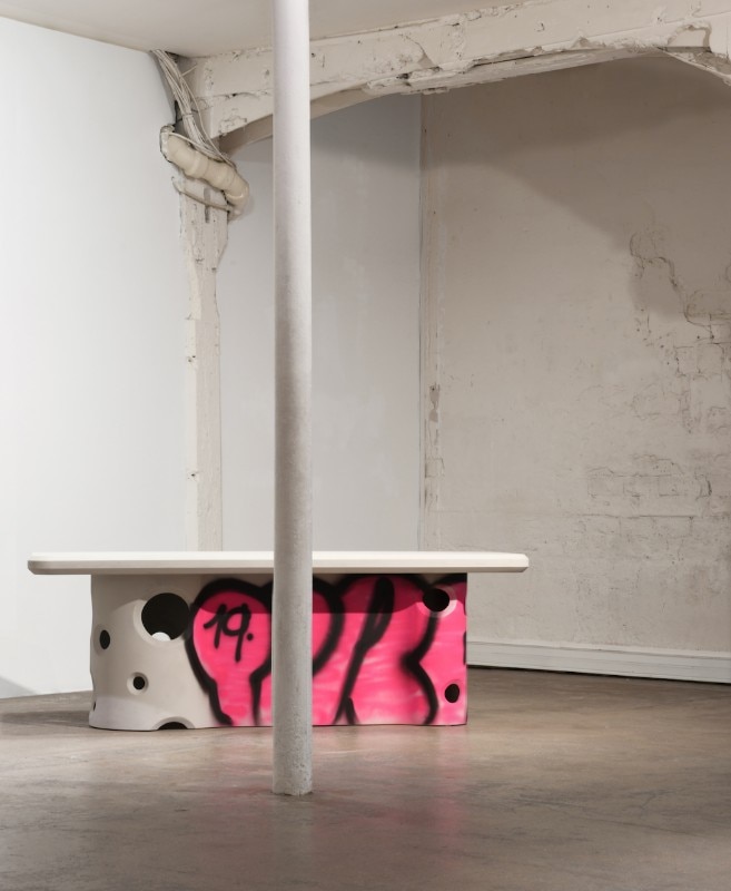 virgil abloh brings an urban language to galerie kreo with  graffiti-sprayed, concrete furniture