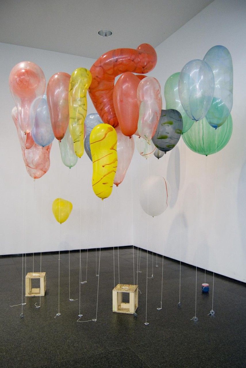 A grouping of different kinds of balloons outside the gallery near the end of the show. 