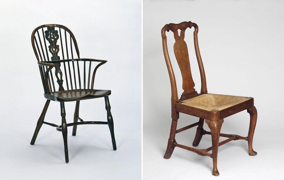 Left, Windsor armchair in yew, elm, beech and ash, with carved and pierced central splat, Boston (Lincolnshire), 1830-1850. Made by Thomas Simpson. Right, Carved and turned walnut, of mortise-and-tenon construction; with rushed drop-in seat of beech, or mortise-and-tenon construction, veneered in walnut at the corners. Britain. ca. 1725—40