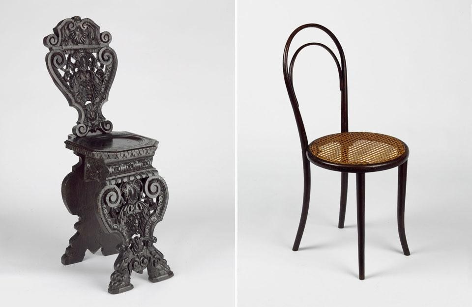 Left, <em>Sgabello</em> chair,  carved and stained walnut. Venice. ca. 1560 1600; restored ca. 1820-40. Right, <em>Number 14</em> chair. Beech frame and cane seat. c. 1860. Designed and made by Thonet 