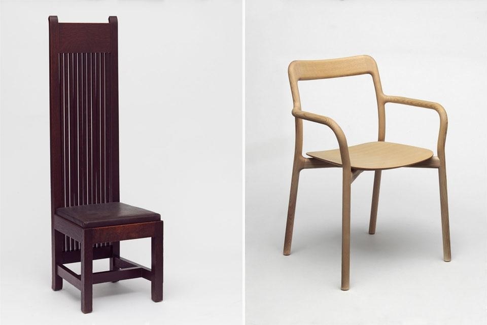 Left, Stained oak dining chair, designed by Frank Lloyd Wright, 1902, for Ward Willits House, Chicago, 1902. Right, <em>Branca</em> Chair, 2011. Designed by Sam Hecht (Industrial Facility). Made by Mattiazzi