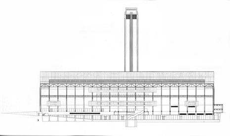 Tate Modern, sezione longitudinale. Foto Domus 828/00