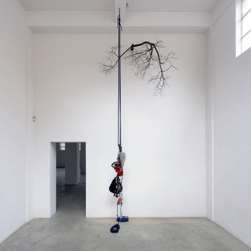 Simon Starling, <i>Under Lime</i>, 2009; 
ramo di albero di tiglio, montacarico azionato con una motosega,     dimensione variabile.   Courtesy l’artista e     neugerriemschneider, Berlino.
Fotografia: Paolo Pellion
