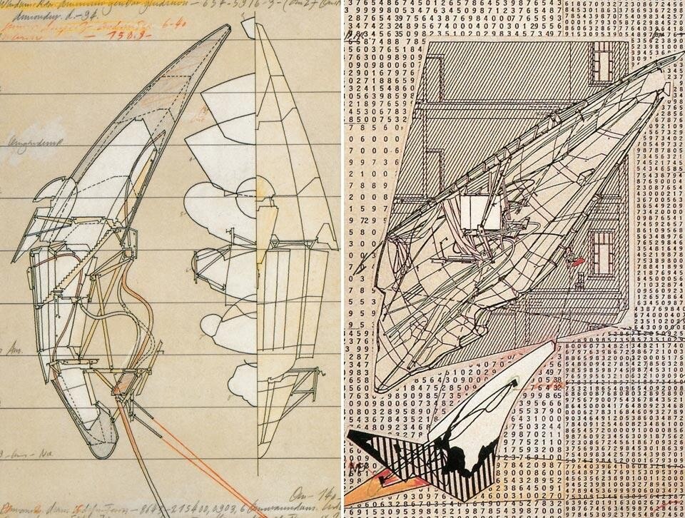 A sinistra, Aerial Paris, disegno a matita del 1989. A destra, vista del progetto Berlin Free Zone, realizzato da Woods tra il 1990 e il 1991. Domus 877 / gennaio 2005, vista pagine interne
