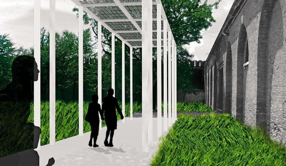 Rendering della pergola fotovoltaica di Maria Luisa Palumbo con Camilla Baldassare, Veronica Bonanni, Krista Elvey, Claudia Escalona e Cristina Vessia