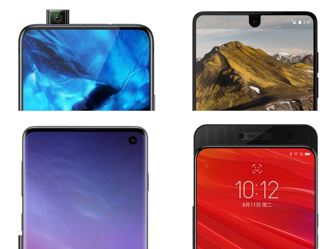  Four smartphones with a notch display and advanced camera features.