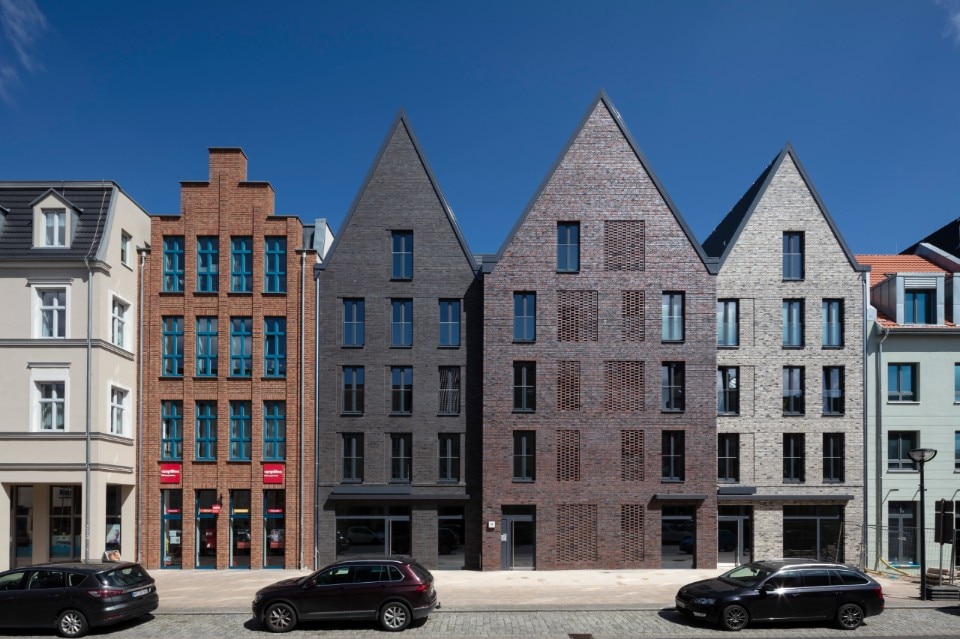 Three contemporary gabled roofs mimic the historic centre of Anklam