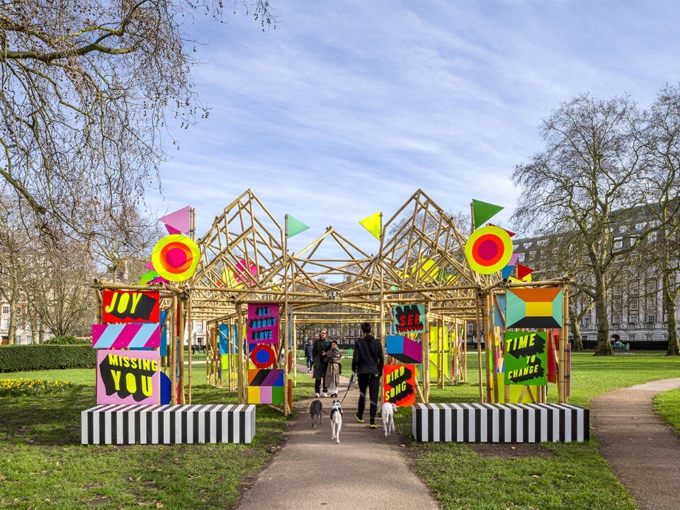 Morag Myerscough’s new colorful bamboo installation in London