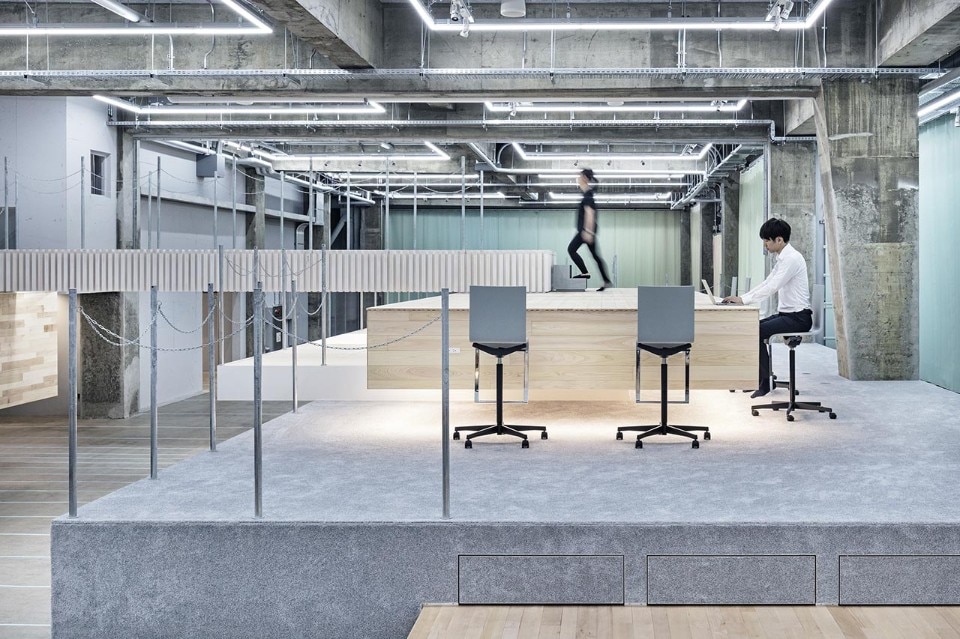 The flexible spaces of a Japanese office organized through overlapping platforms