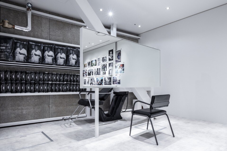 Concrete blocks and steel bars in a hair salon in Tokyo