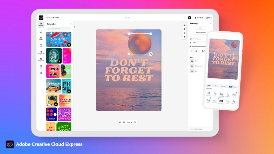 Adobe Creative Cloud Express is an online suite of simplified graphic tools