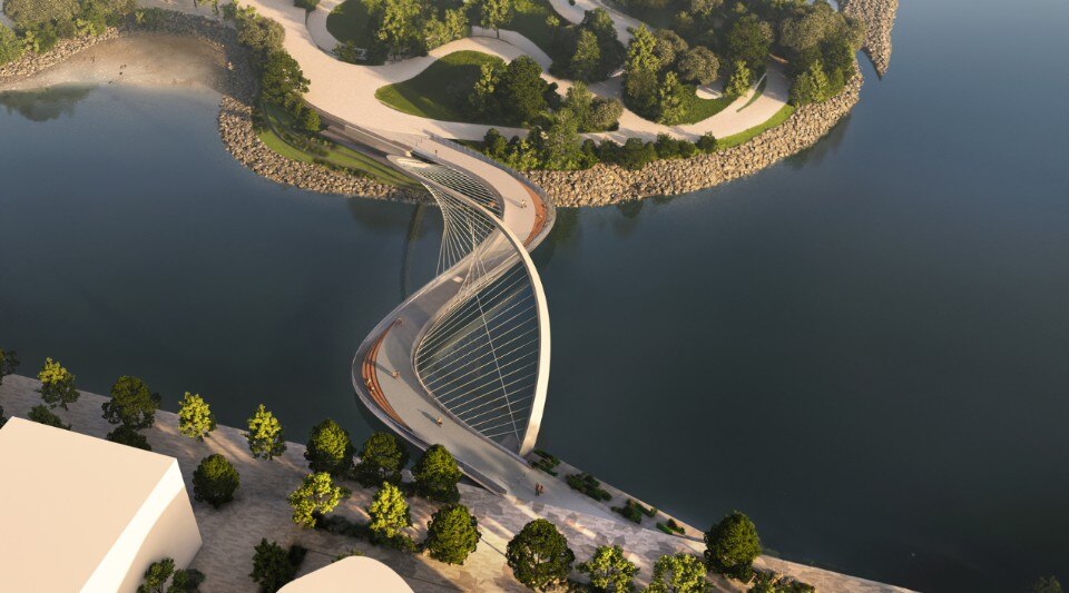 A new suspended pedestrian bridge over the water in Toronto