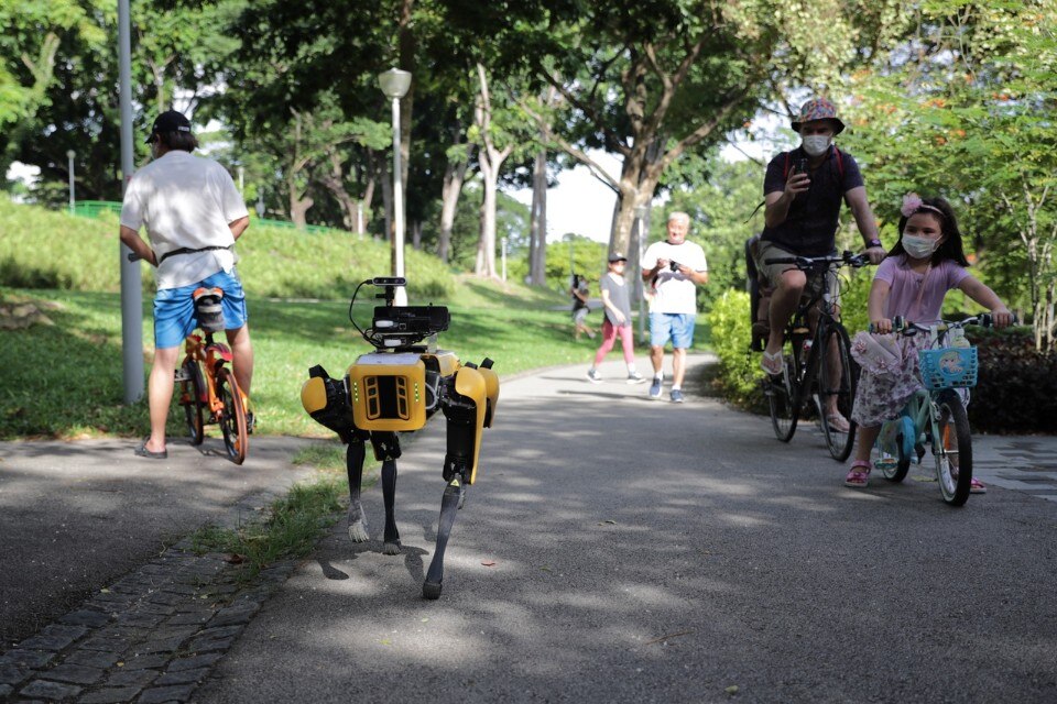 Robot-dog encourages social distancing in Singapore Park
