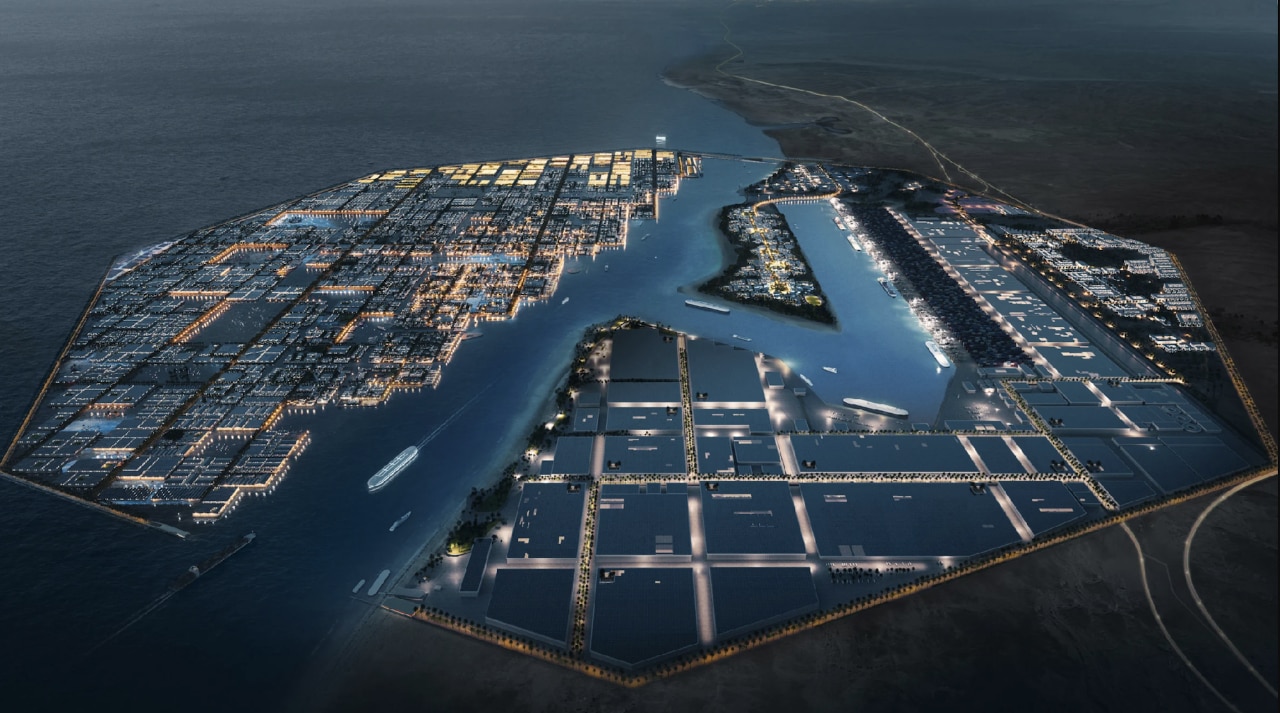 An octagonal floating port city in Saudi Arabia