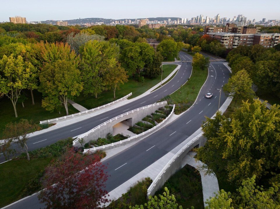 A curvilinear bridge made from recycled glass in Montreal